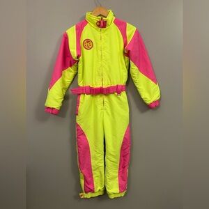 Tipsy Elves Neon Pink and Yellow Kids Ski One Piece Medium 90’s Retro Zip Up